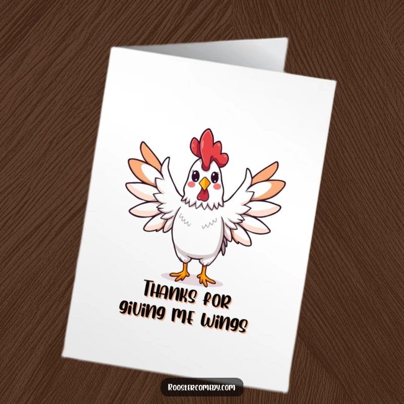 Funny free printable thank you card of a rooster spreading its wings wide in a large, triumphant, and thankful gesture.