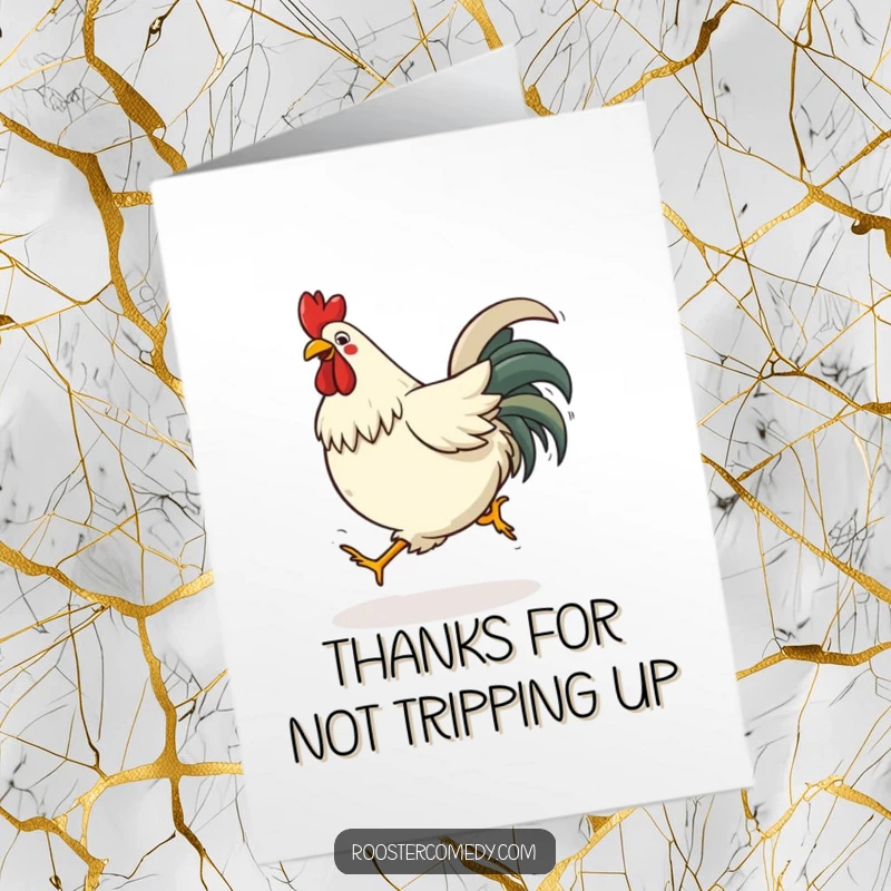 Funny Free Printable Thank You Card: A rooster comically trips over its feet while hopping, looking a bit dazed but funny.