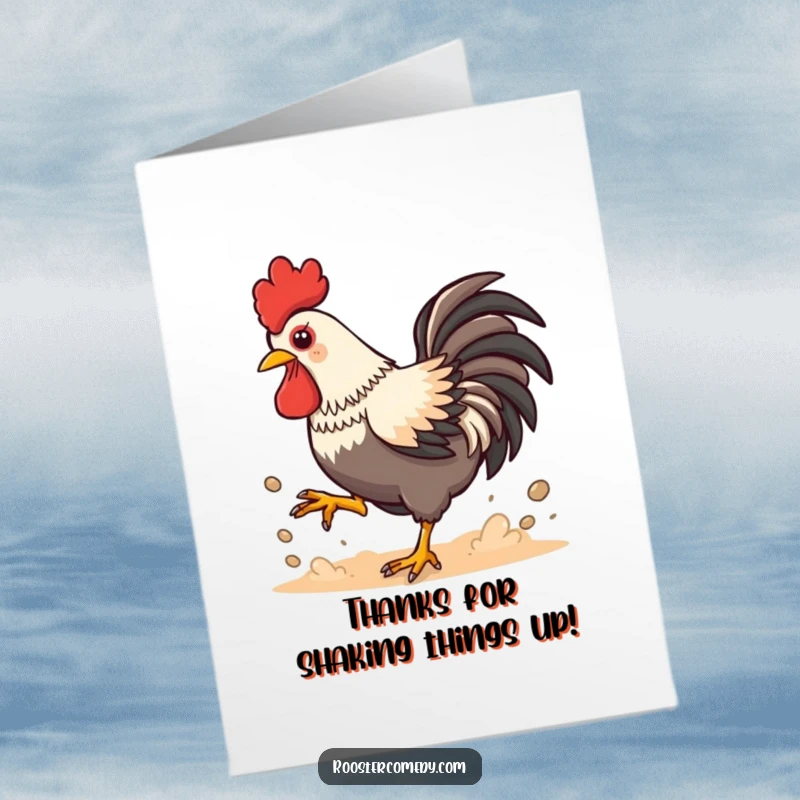 Funny Free Printable Thank You Card: Playful Kawaii Rooster kicking up dust with enthusiasm, a fun expression, a spirited downloadable gift.