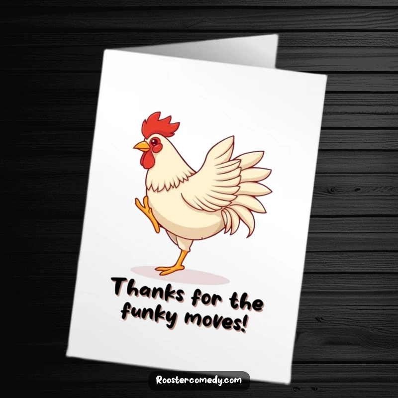 Funny Free Printable Thank You Card: A rooster dances energetically, with legs kicking and wings flapping, showing heartfelt thanks.