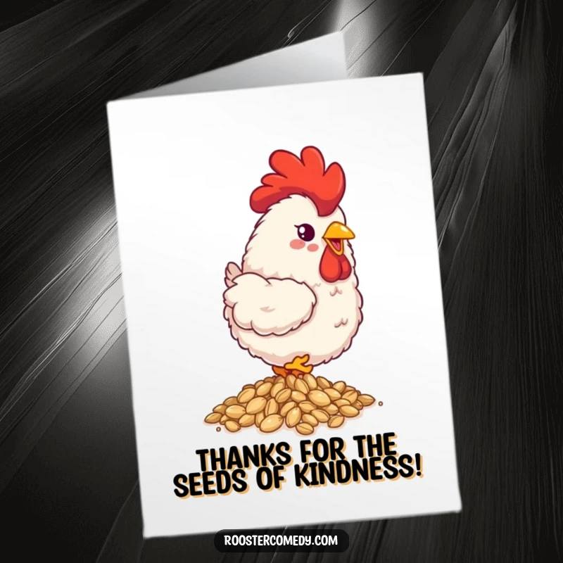 Funny Free Printable Thank You Card: A fluffy rooster happily pecking at shiny seeds, expressing gratitude.