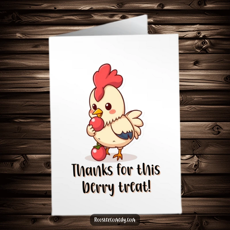 Funny Free Printable Thank You Card: Kawaii rooster pecks a shiny berry, a sweet gesture of thanks.