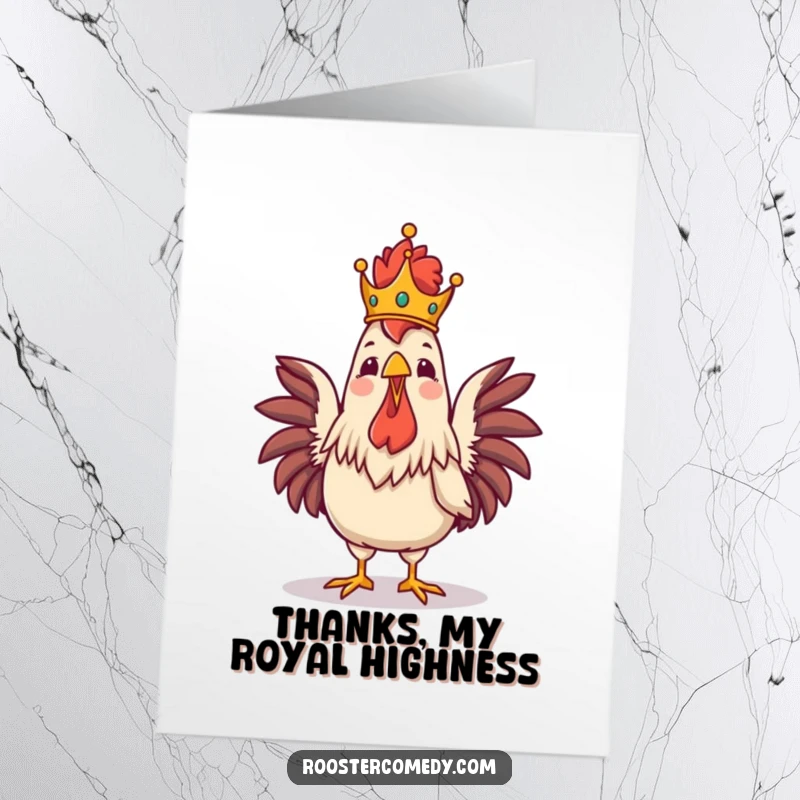Funny Free Printable Thank You Card: Proud crowned rooster crowing heartily, offering a majestic thank you.