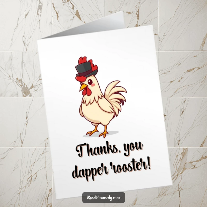 Funny Free Printable Thank You Card: A rooster confidently struts forward, a tiny top hat perched perfectly, conveying thanks.