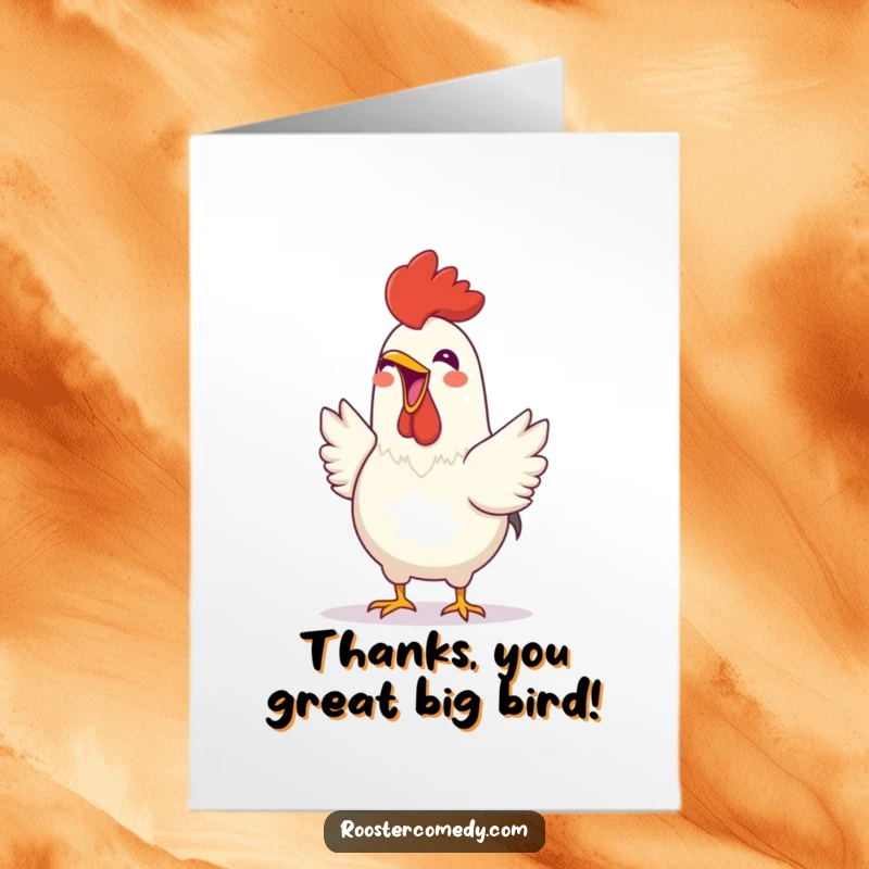 Funny Free Printable Thank You Card: A rooster, beak wide open, happily crowing to express sincere appreciation.