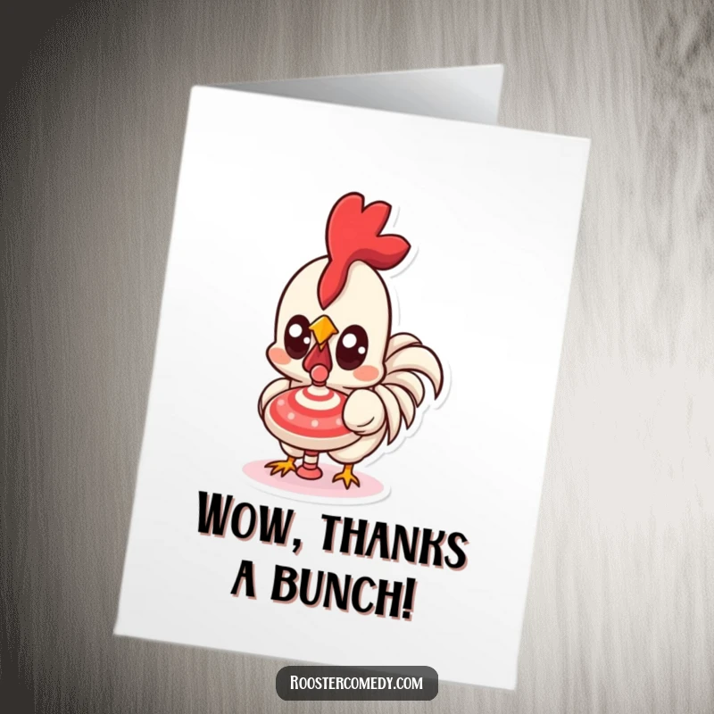 Funny Free Printable Thank You Card: Kawaii rooster with wide, captivated eyes, watching a spinning top with awe.