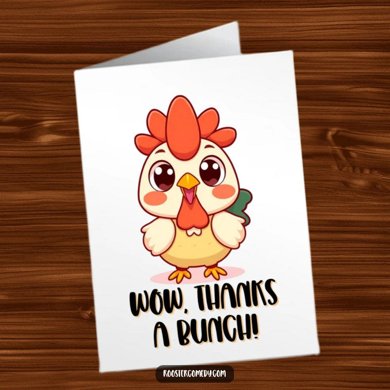 Funny Free Printable Thank You Card: A Kawaii rooster with huge, round eyes looking surprised, a comical way to say thanks.