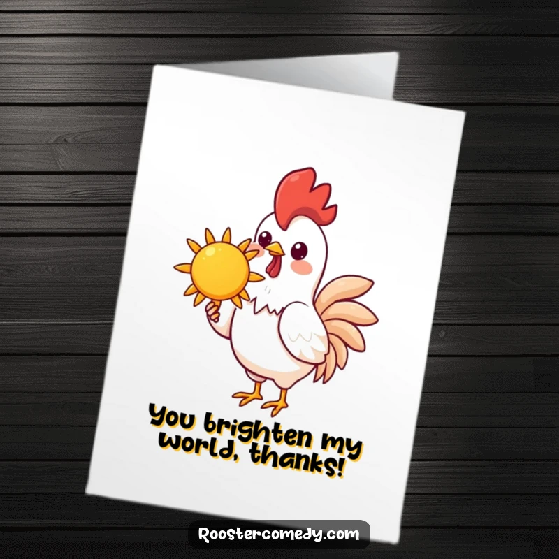 Funny Free Printable Thank You Card: Whimsical kawaii rooster offers a cheerful sun in its beak, giving thanks with downloadable charm.