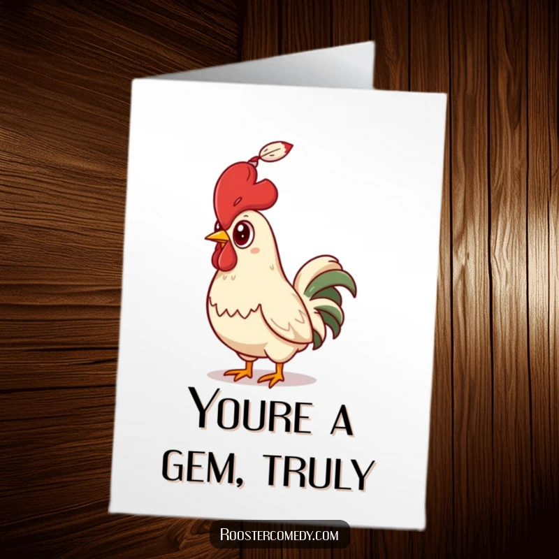 Funny Free Printable Thank You Card: A rooster's shocked face as a feather drifts down, a unique expression of thanks.