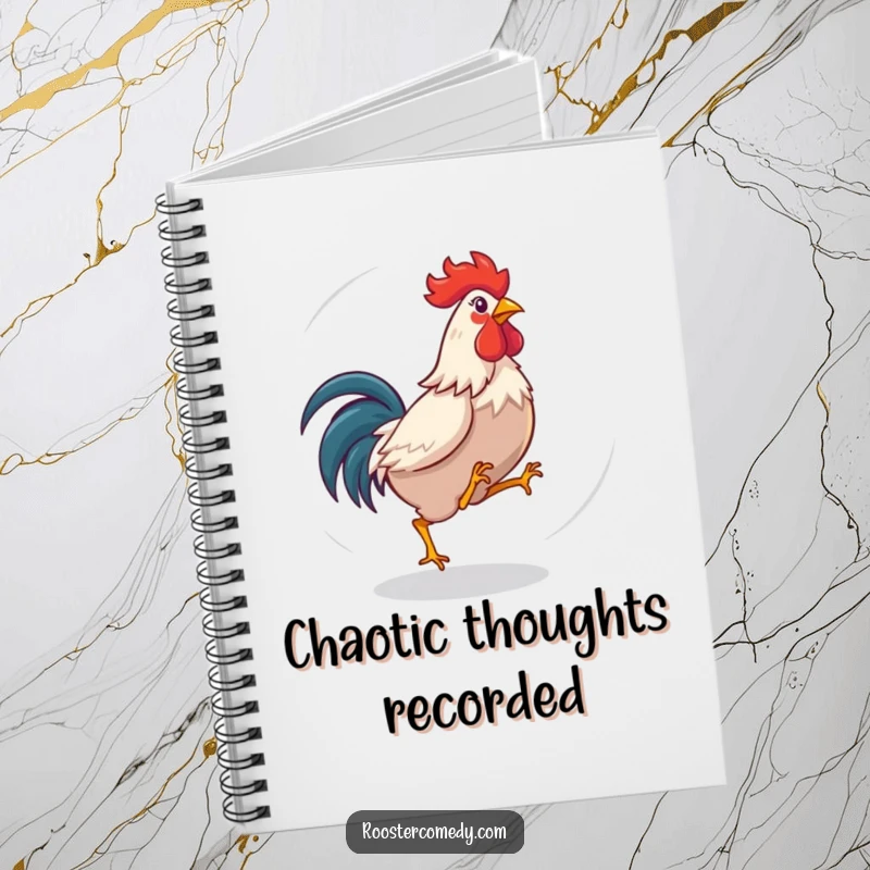 Funny rooster notebook with a dizzy bird playfully chasing its tail. Encourages creative and silly note-taking.