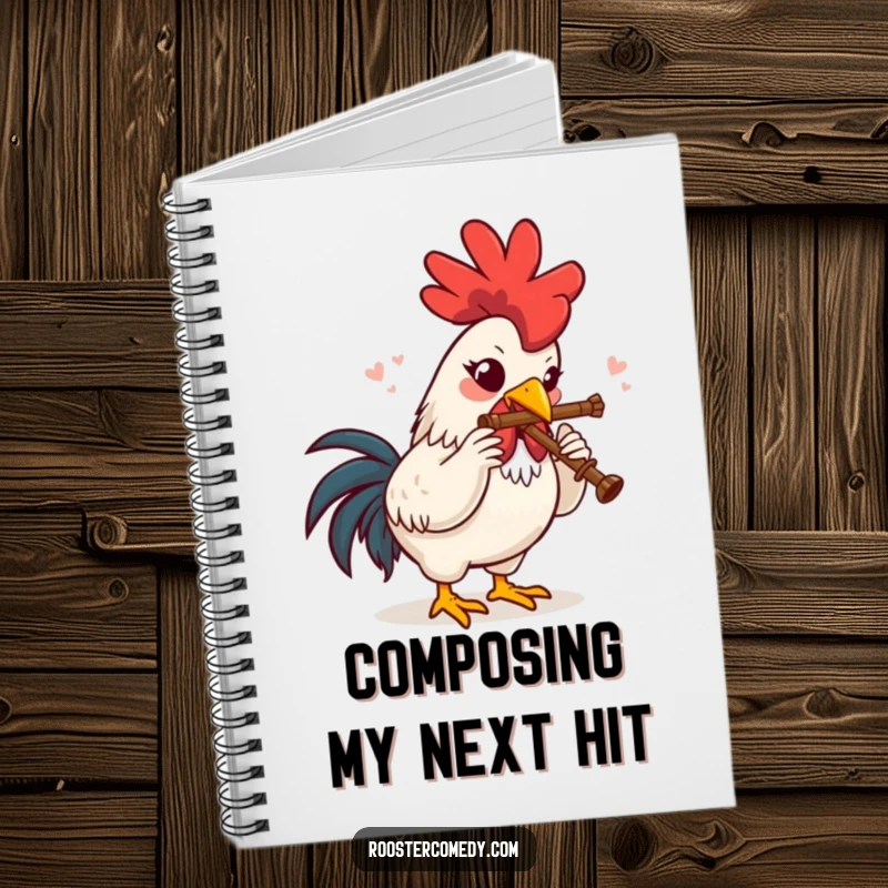 Funny Notebook with a rooster joyfully playing a tiny flute, perfect for capturing inspired thoughts and musical musings.