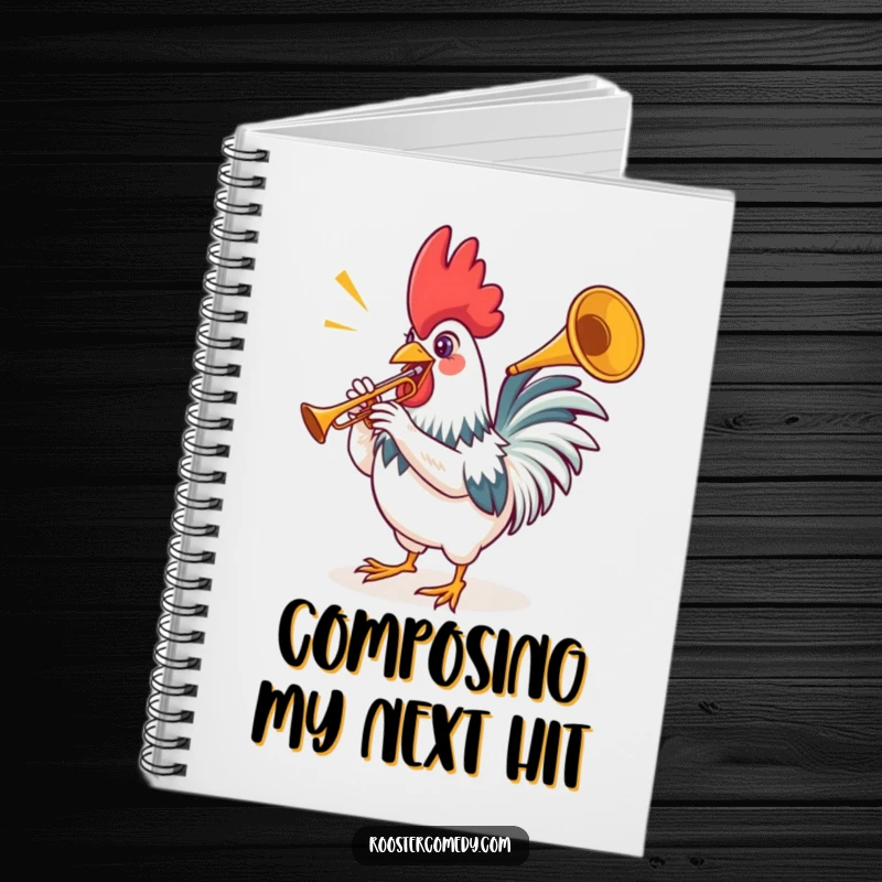 Funny rooster notebook with a cover illustration of a bird playing a miniature trumpet, ideal for note-taking.