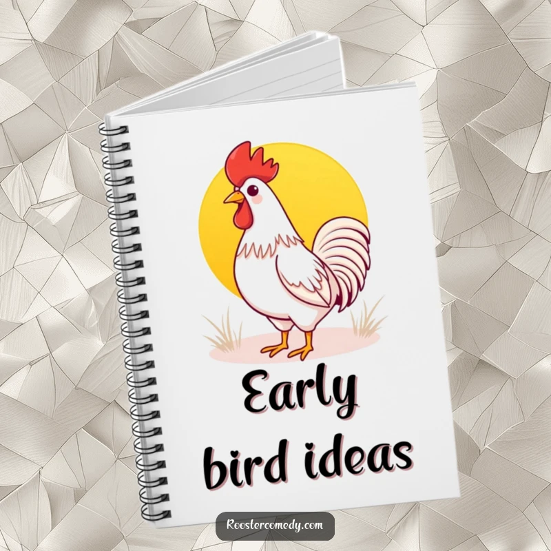Funny Kawaii rooster notebook featuring a cute rooster crowing at a sunrise, ideal for jotting down thoughts and morning inspirations.