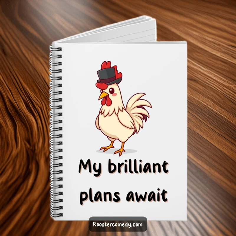Funny rooster notebook cover, depicting a rooster confidently strutting with a miniature top hat, ready to capture brilliant ideas.