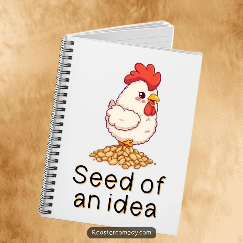 Funny fluffy rooster notebook, jotting notes, happily pecking seeds, cute farm stationery, perfect for writers.