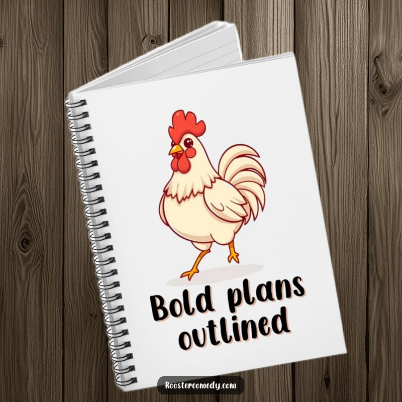 Funny Kawaii rooster strutting confidently with puffed chest, shown on a notebook cover for writing.