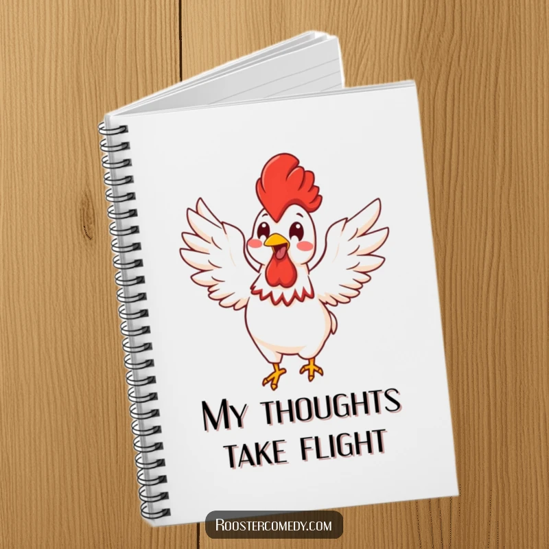 Funny Kawaii rooster flapping wings with energetic glee, shown on a notebook cover for writing.