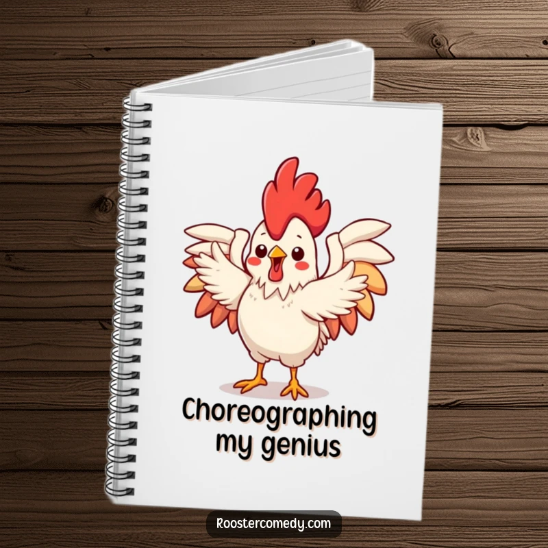 Funny Notebook with a cute Kawaii rooster performing a flamboyant dance with wings spread, perfect for jotting down notes with flair.
