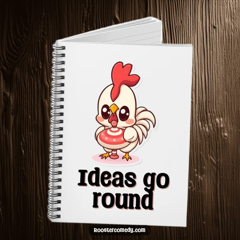 Funny Kawaii Rooster Notebook: Features a cute rooster with big eyes, captivated by a spinning top. A perfect funny gift.
