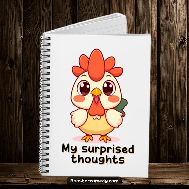 Funny Kawaii rooster notebook cover with a surprised rooster with wide, round eyes.