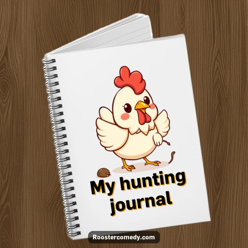 Funny Kawaii rooster notebook cover with a cheerful rooster chasing a worm, perfect for notes.