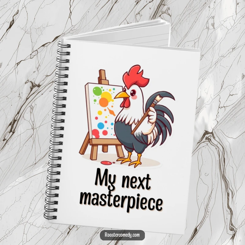 Funny notebook cover with an enthusiastic rooster painting, great for sketching and creative notes.