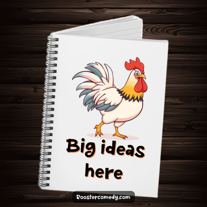 Funny notebook cover with a rooster strutting, its comb comically exaggerated, ready to inspire your writing.