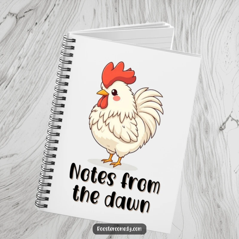 Funny rooster notebook, a fluffy bird crowing with glee, head back, perfect for jotting down farm-fresh ideas.