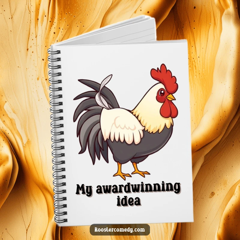 Funny proud rooster notebook, a journal featuring a confident chicken holding a feather, ideal for note-taking.