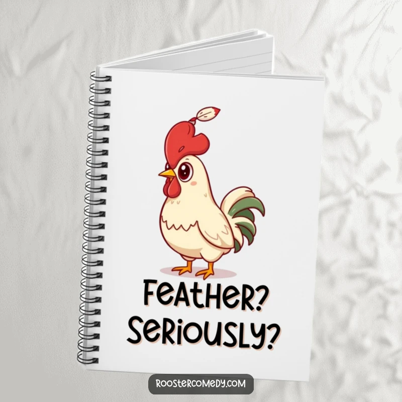 Funny Rooster Notebook cover, featuring a bird looking up in comical surprise at a drifting feather.