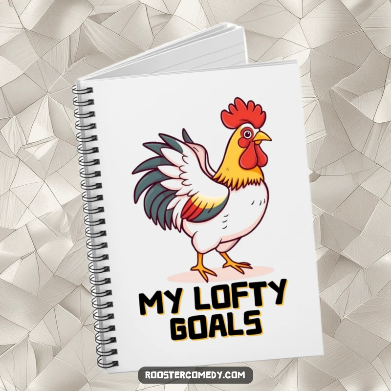 Funny notebook with a rooster happily flapping its wings as if flying a short distance, perfect for jotting down hopeful ideas.