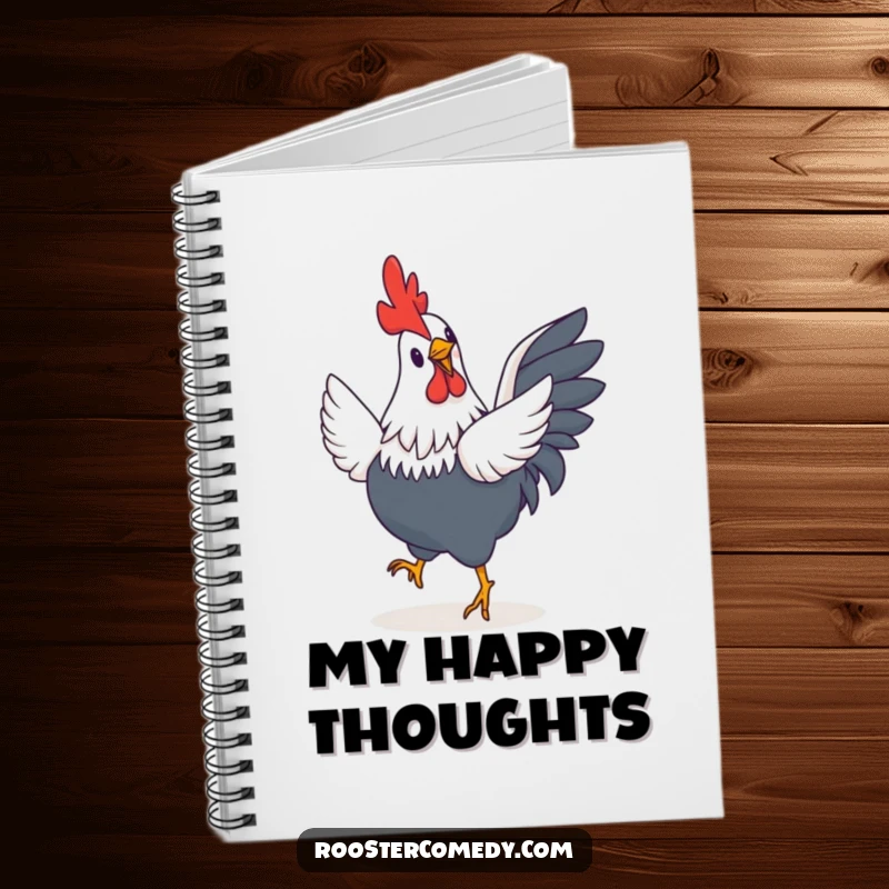 Funny Rooster Notebook: A lined notebook cover displaying a vibrant image of a rooster with small, fluttering wings doing a happy jig.