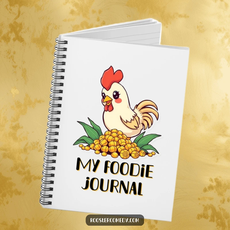 Funny Notebook with a small rooster with sparkling eyes, enthusiastically pecking at corn, perfect for jotting down notes with humor.