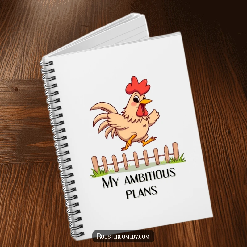 Funny Notebook with a rooster with a wide, energetic grin, jumping over a low fence, perfect for jotting down notes with humor.