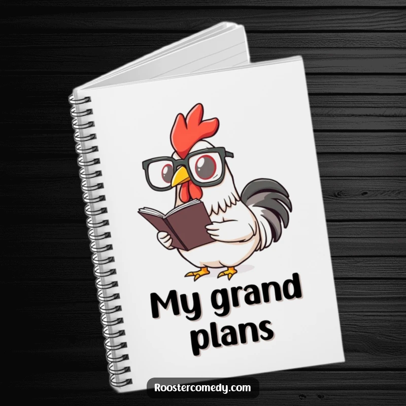 Funny rooster notebook with a bird wearing reading glasses, reading a book. Encourages smart note-taking and creativity.
