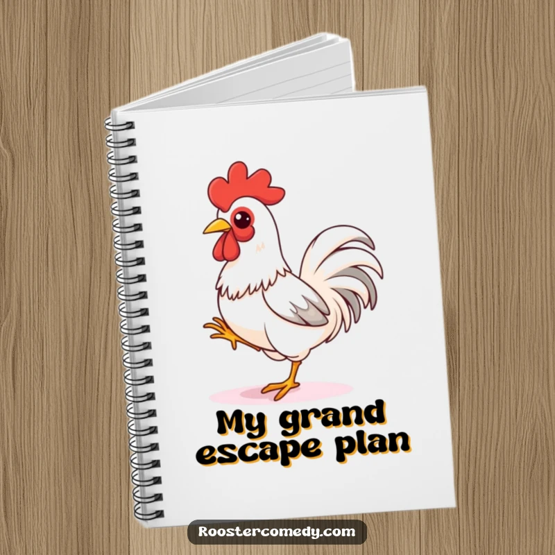 Funny rooster notebook, a journal with a bird tapping its foot, looking ready to sprint, inspiring energetic note-taking.