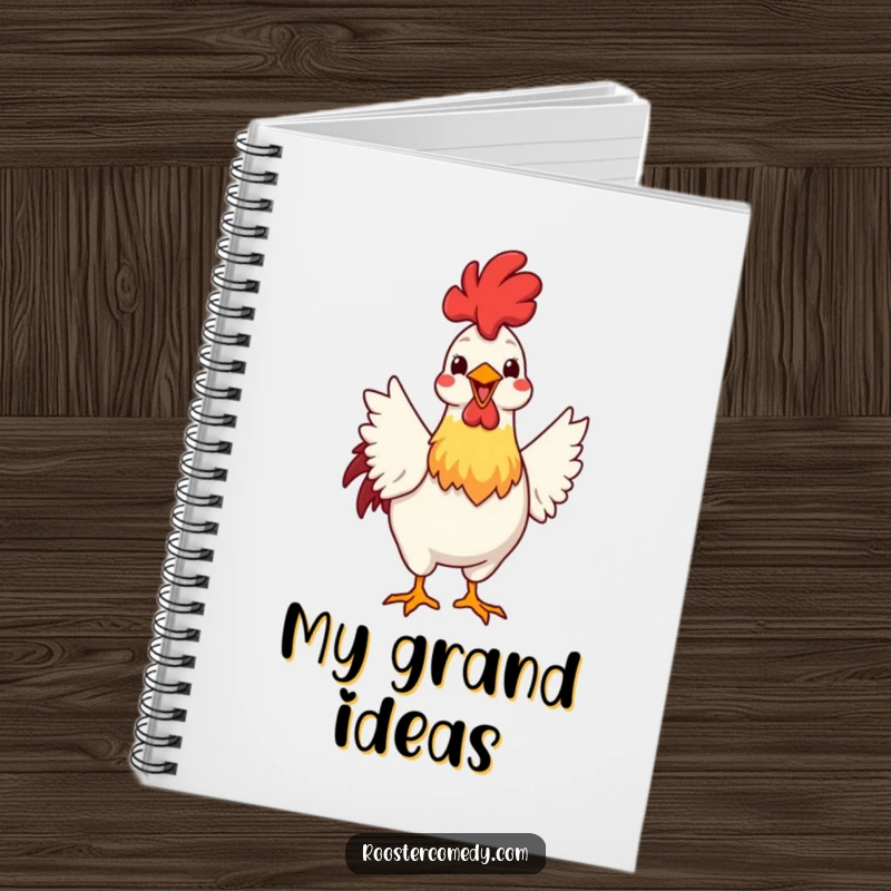 Funny notebook with a rooster enthusiastically fanning its tail feathers with a big grin, perfect for jotting down confident ideas.