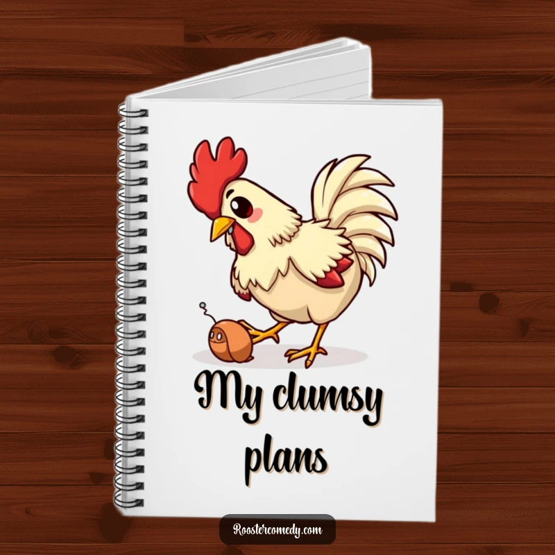 Funny notebook with a rooster comically tripping while chasing a worm, perfect for jotting down notes and humorous observations.
