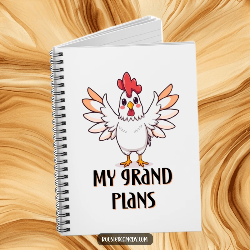 Funny rooster notebook, a rooster spreading its wings wide triumphantly, ideal for journaling victories.