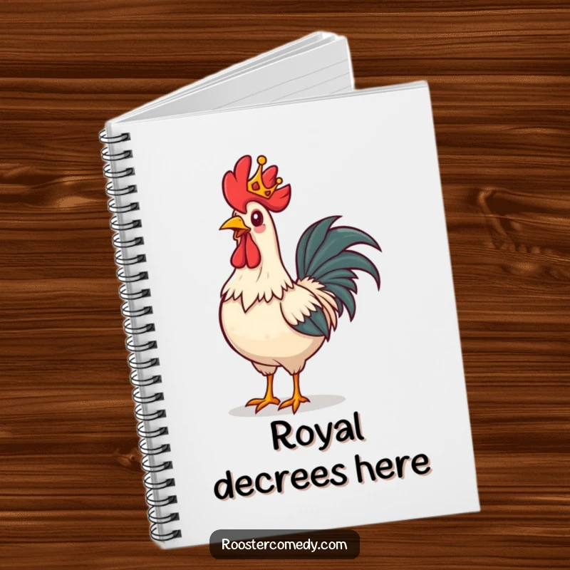 Funny rooster notebook, a rooster with a tiny crown strutting proudly, ideal for jotting down royal ideas.