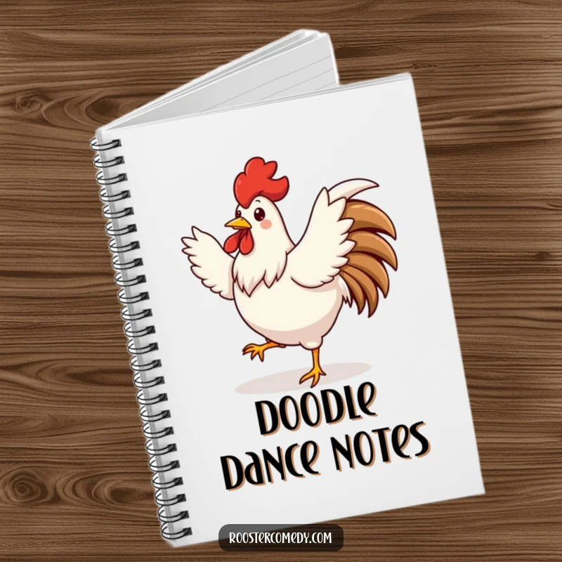 Funny cute rooster notebook, dancing with wings spread, energetic stationery, perfect for writers.