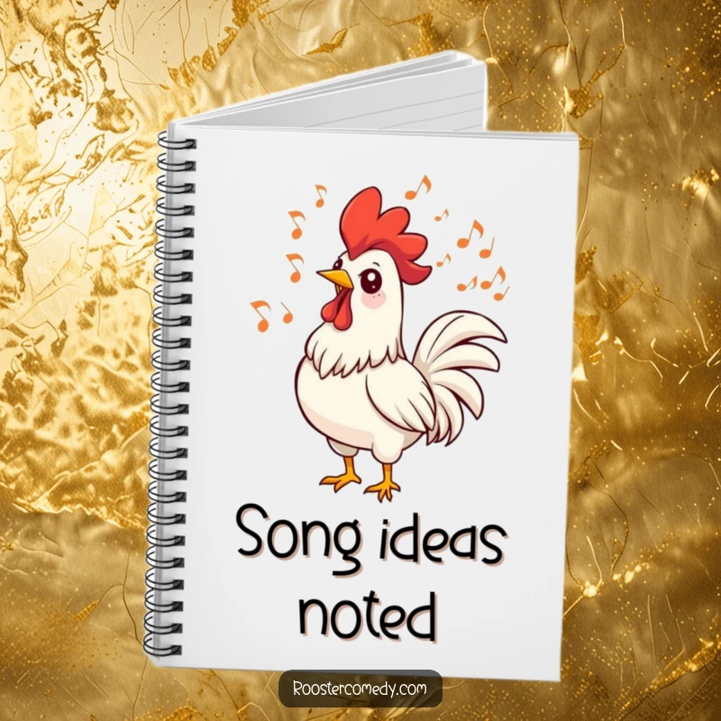 Funny rooster notebook with a singing bird and musical notes. Encourages creative writing and musical inspiration.