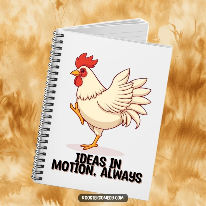 Funny rooster notebook cover, showing a rooster dancing with energetic leg kicks and wing flaps, inspiring creative bursts.