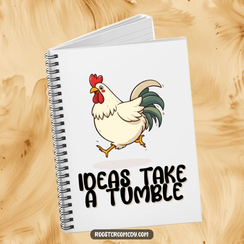 Funny tripping rooster notebook cover featuring a bird comically tripping, perfect for jotting down ideas.