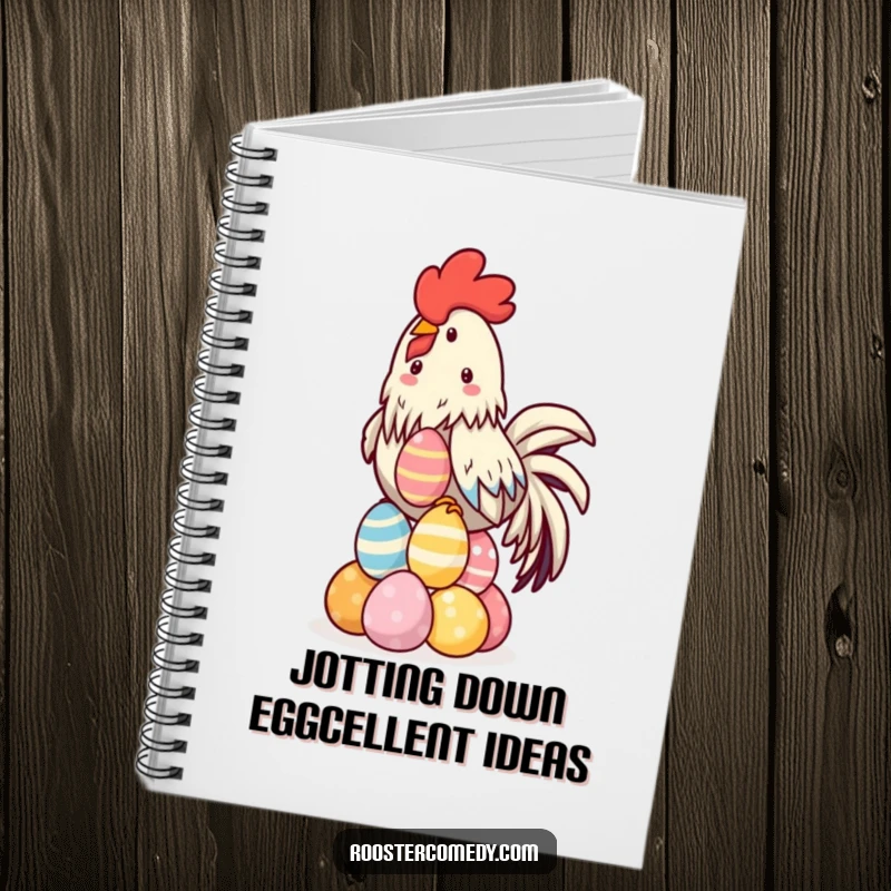 Funny Kawaii Rooster Notebook with a cover illustration of a cute rooster perfectly balancing a colorful stack of eggs.