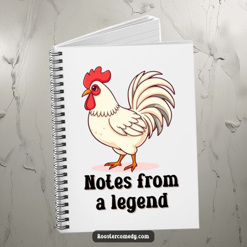 Funny Kawaii rooster notebook featuring a cute rooster strutting proudly with its tail feathers fanned, ideal for jotting down thoughts and bold plans.