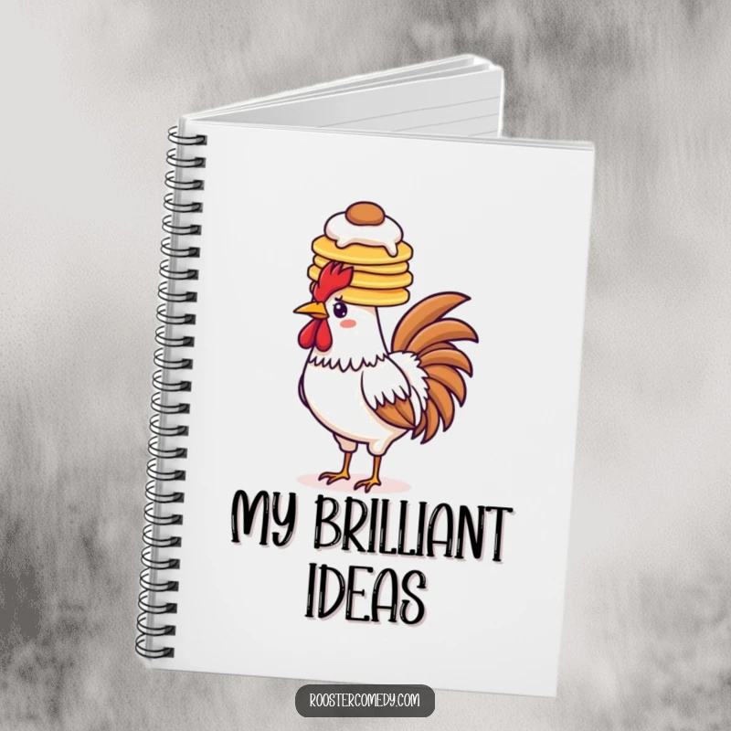 Funny pancake rooster notebook, balancing pancakes on head, breakfast journaling, stationery, great funny gift.