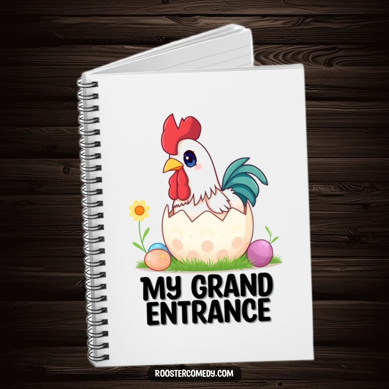 Funny surprise rooster Easter notebook, wide eyes, popping out of egg, journaling, stationery, great funny gift.