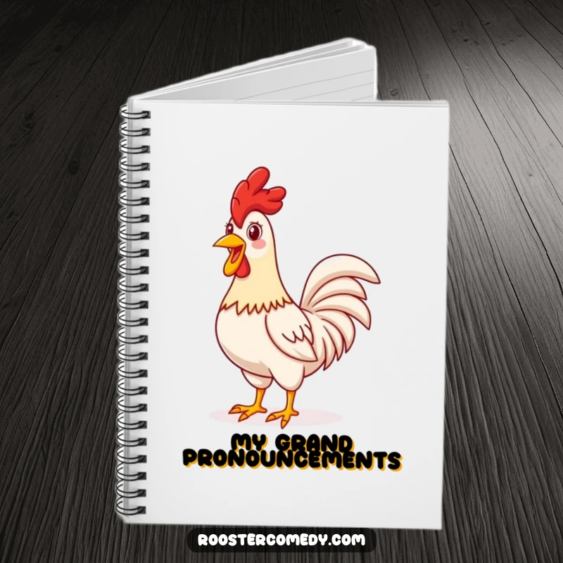 Funny proud rooster notebook, jotting notes, standing tall and crowing, cheerful farm stationery, perfect for writers.