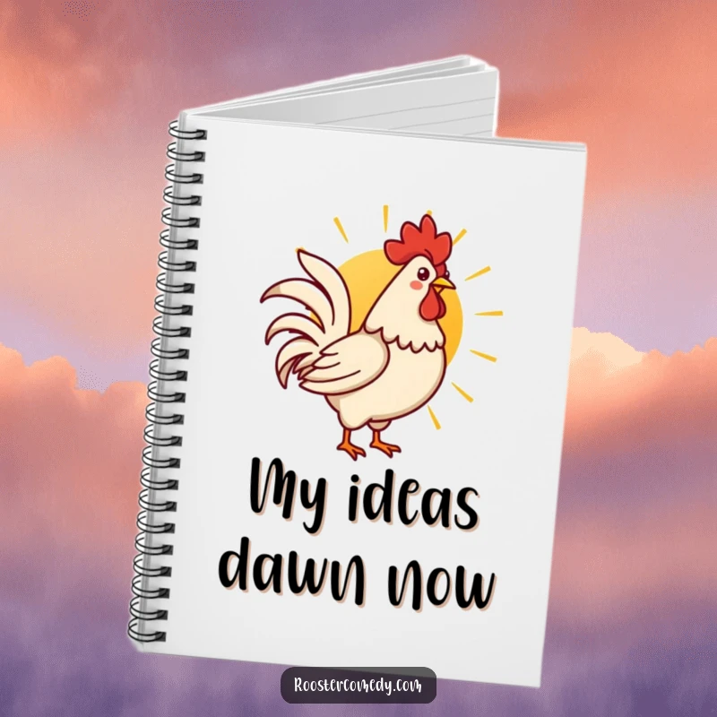 Funny Kawaii rooster crowing at a sunrise, featured on a notebook cover for journaling.